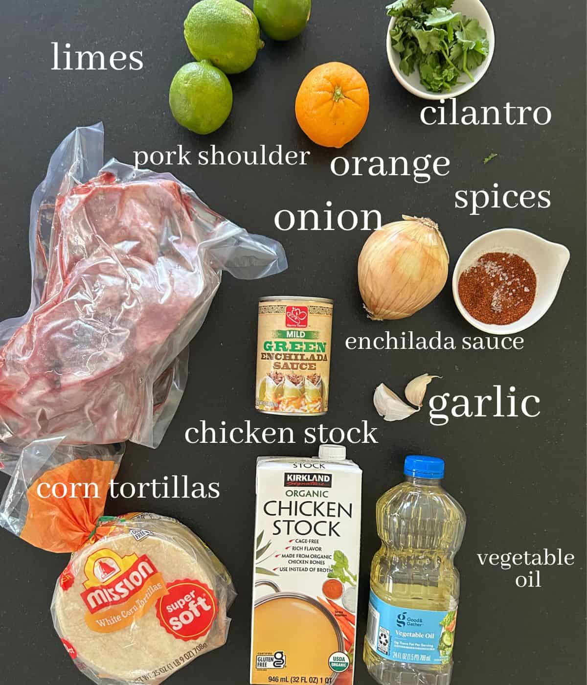 Ingredients for pork carnitas tacos.