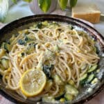 Zucchini and corn pasta ready to eat.