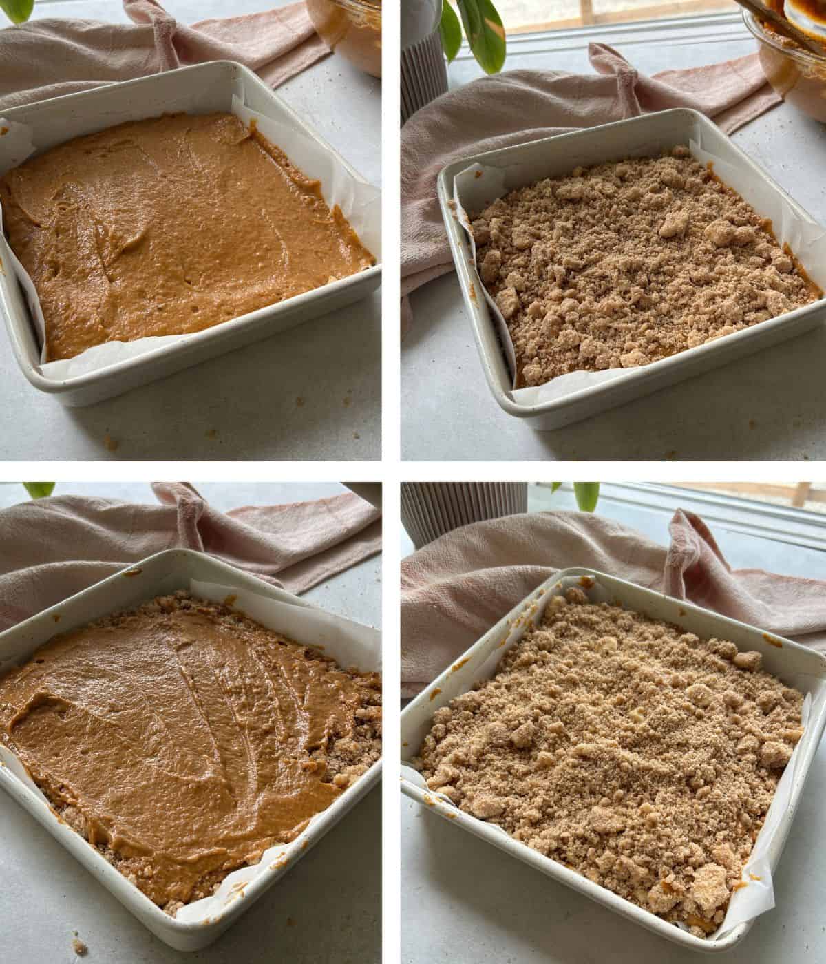 Layering pumpkin cake and streusel in pan.
