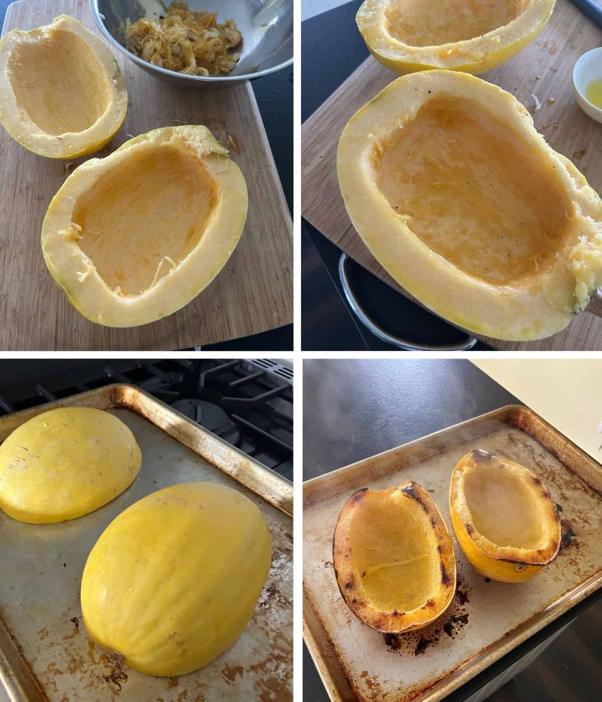 Baking spaghetti squash in the oven steps.