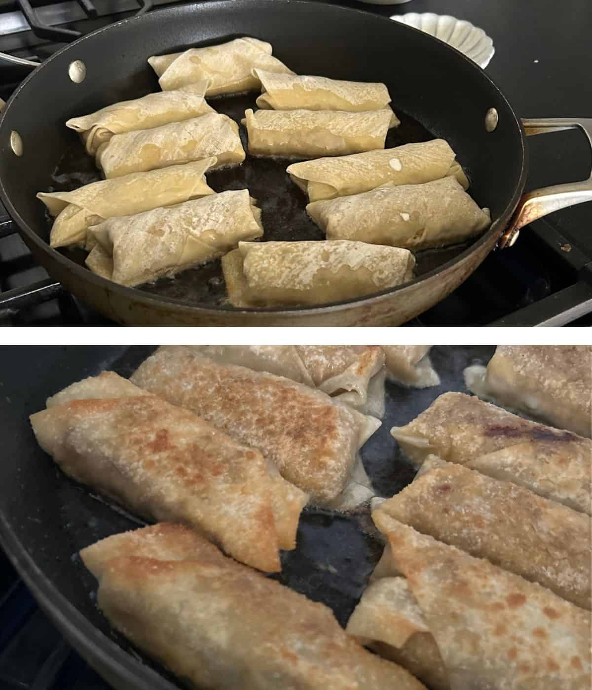 Frying egg rolls in skillet.