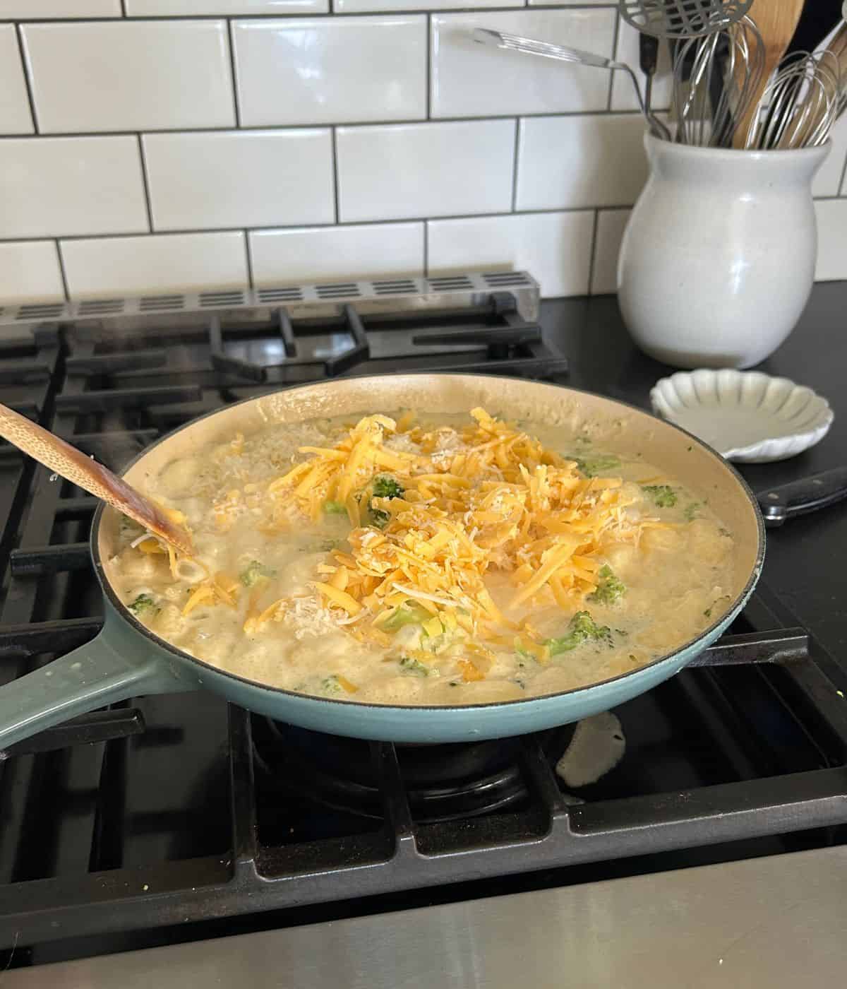 Cheddar and parmesan cheese in gnocchi.