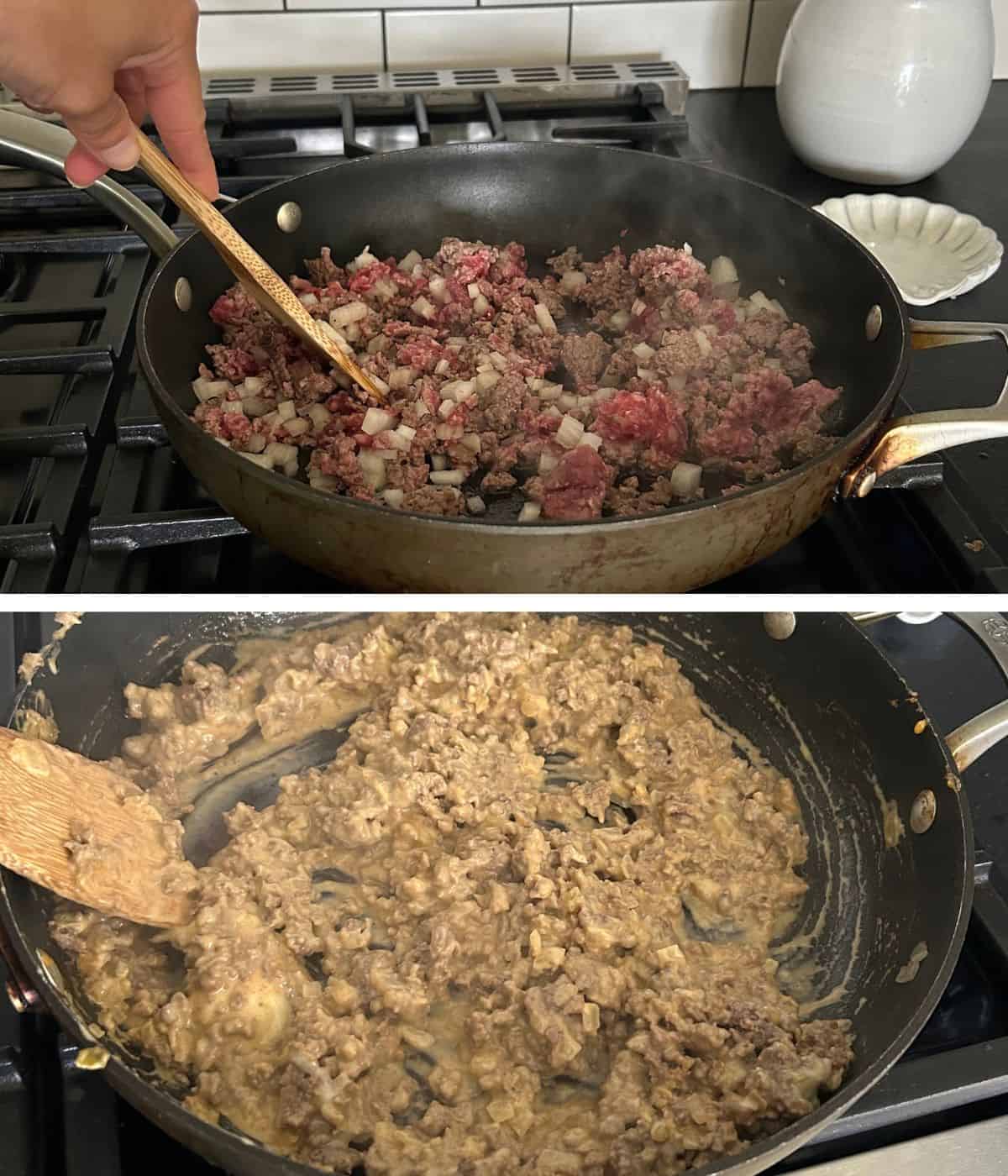 Cheeseburger filling in skillet.
