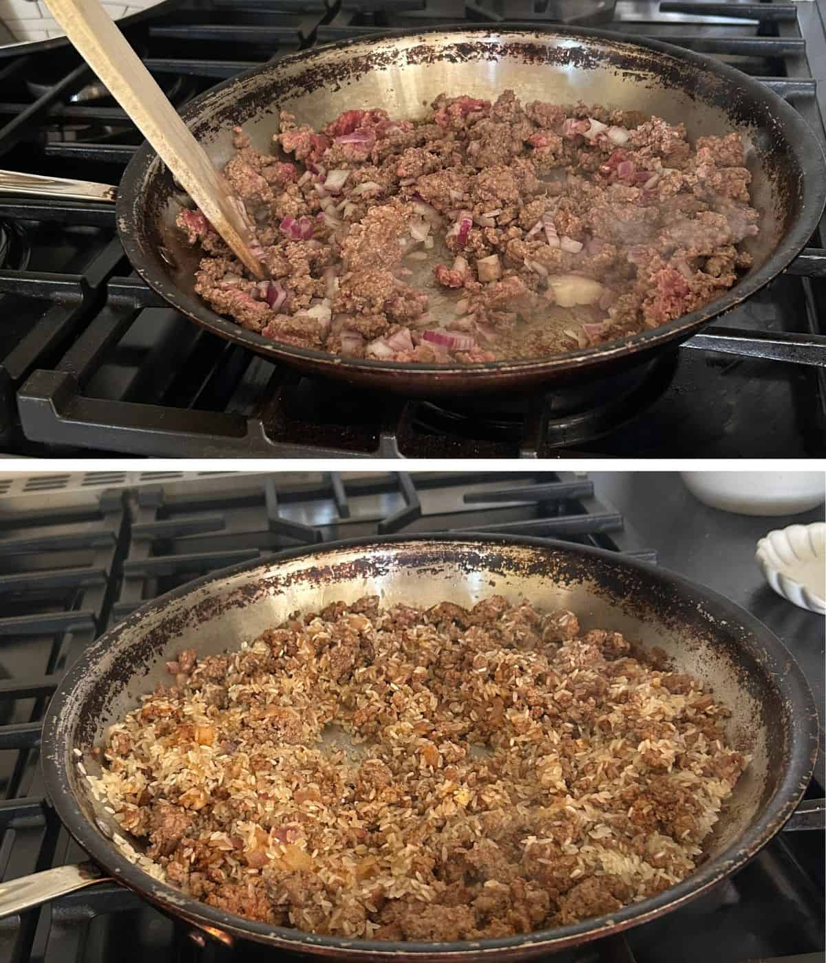 Cooking beef onions and rice in skillet.