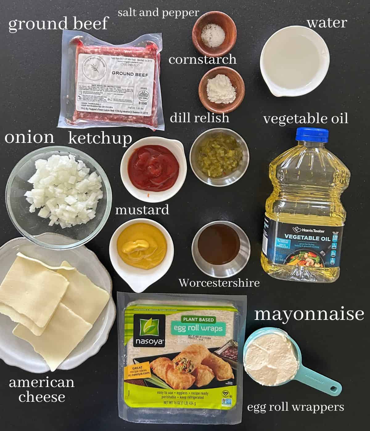 Ingredients for cheeseburger egg rolls.