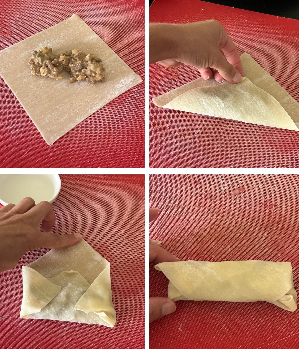 Folding cheeseburger egg rolls.