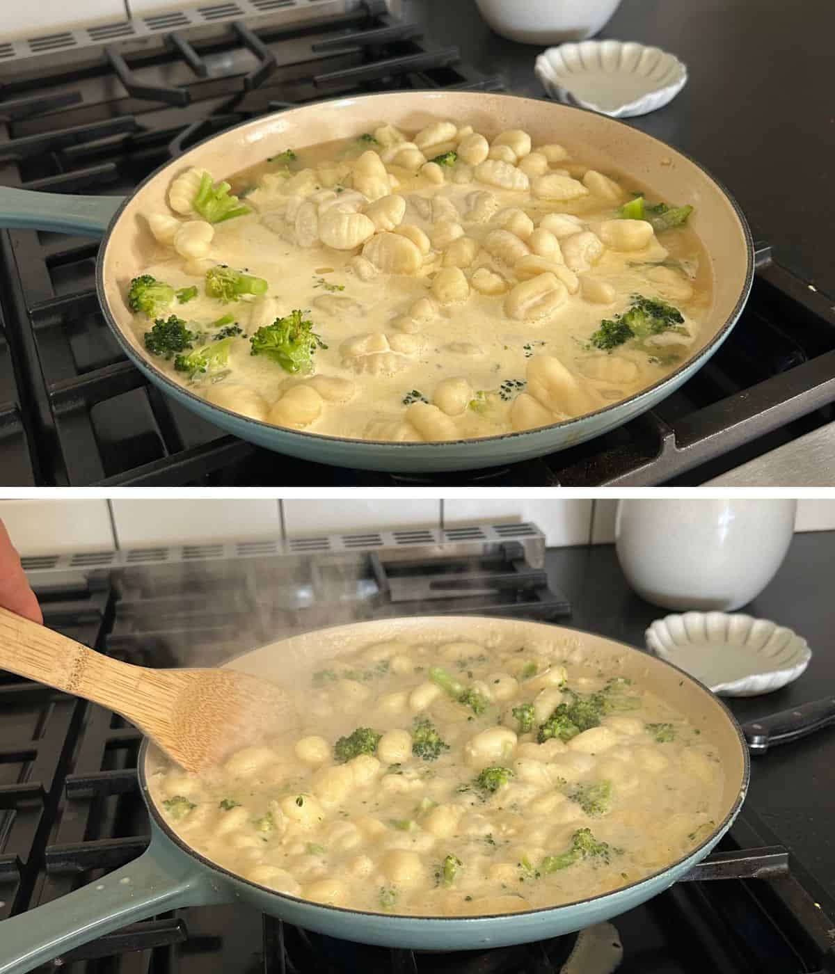 Broccoli cheese gnocchi in skillet.