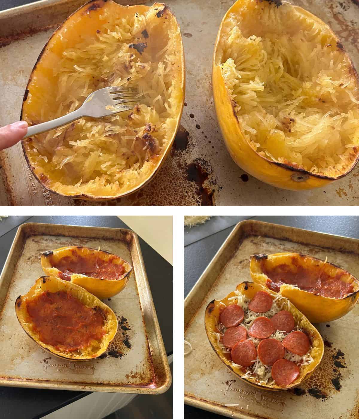 Preparing pizza stuffed spaghetti squash on cookie sheet.
