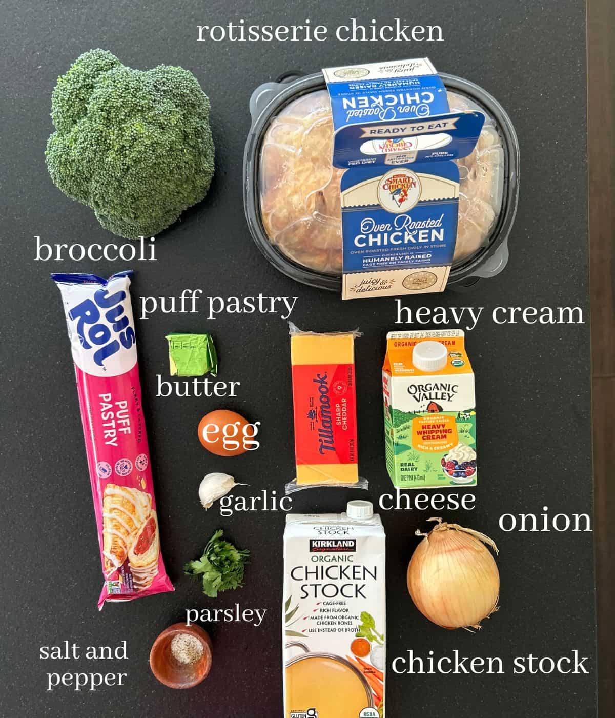 Ingredients for puff pastry chicken pot pie.