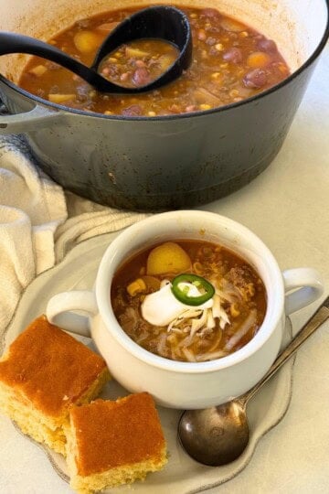 Cowboy stew with cornbread on the side.