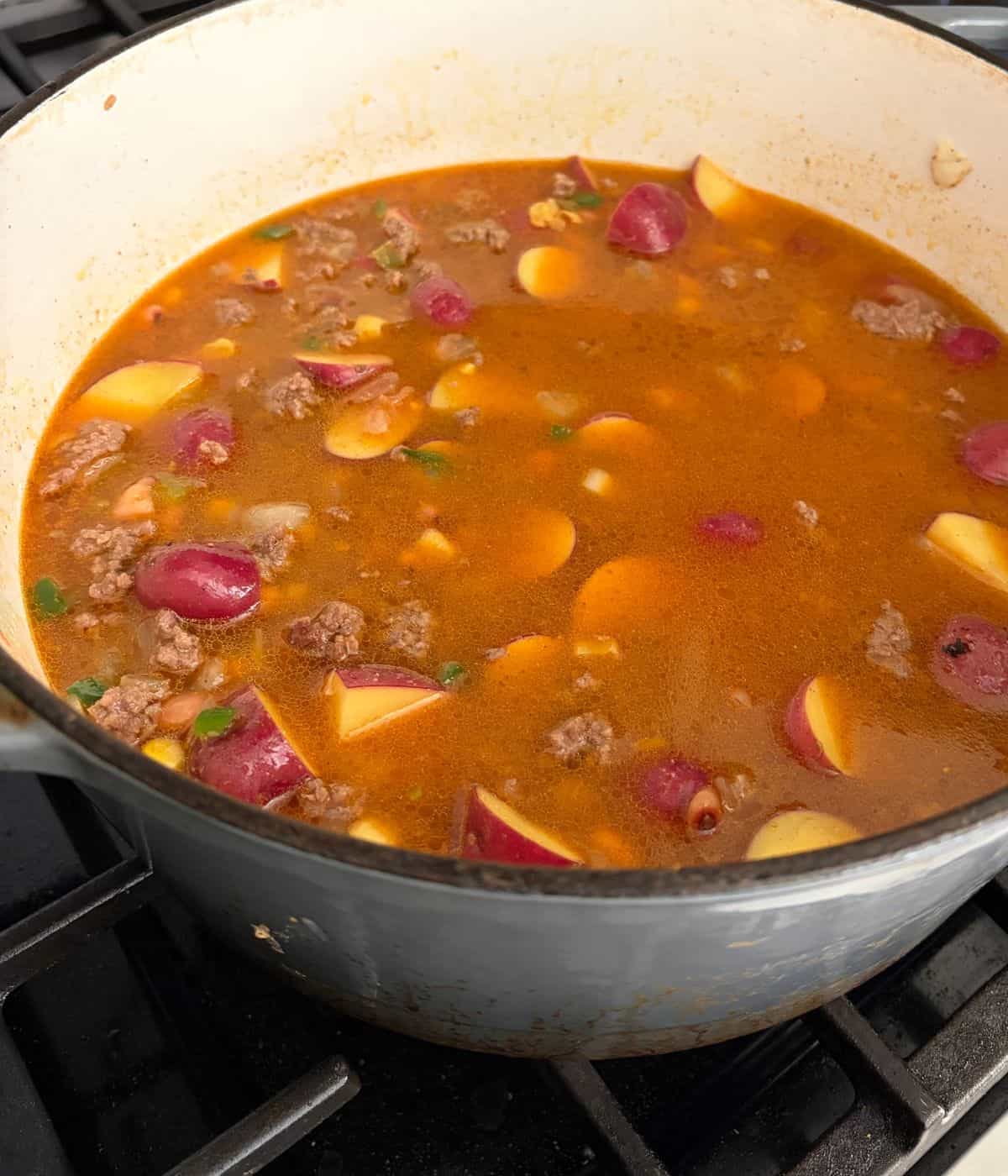 Cowboy stew cooking in pot.