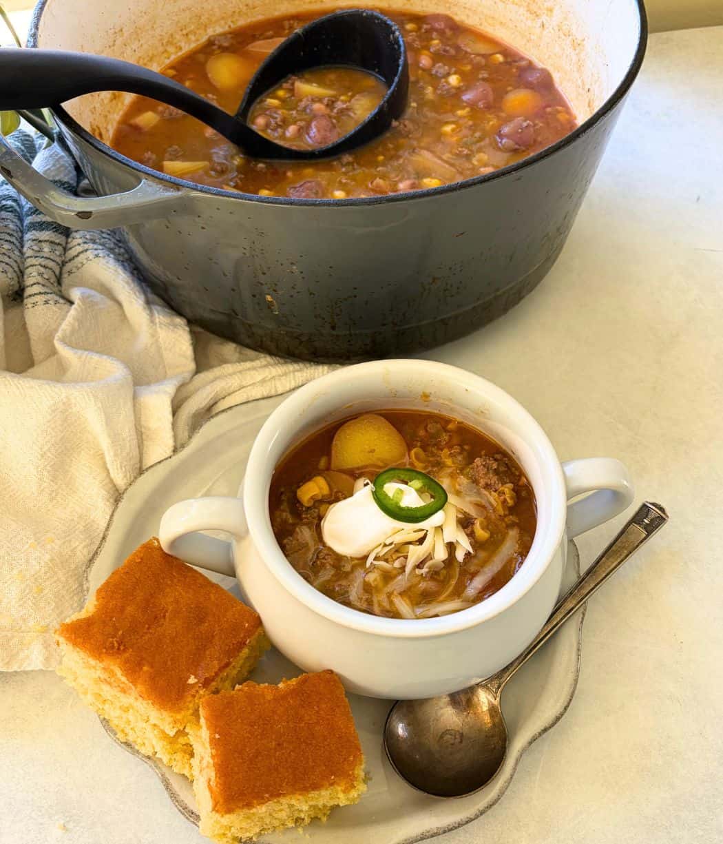 Cowboy stew with cornbread on the side. 
