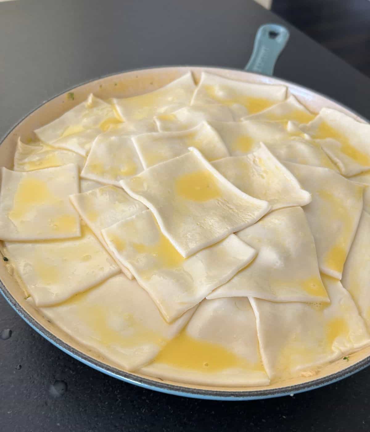 Puff pastry pot pie topped with egg wash.